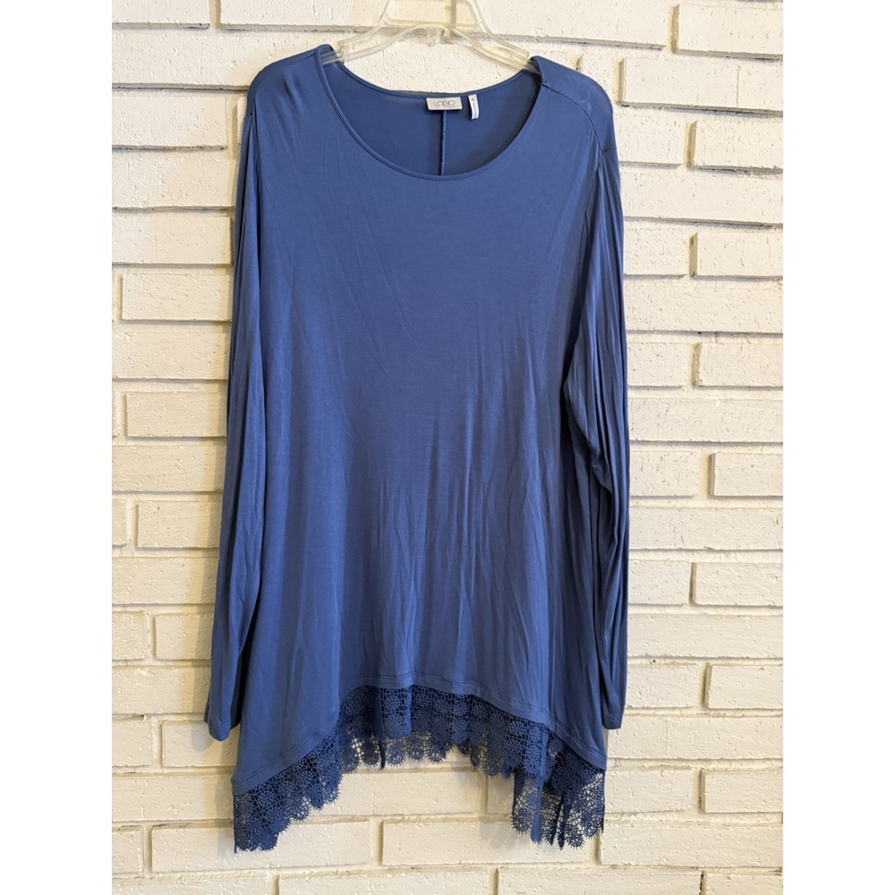 LOGO Lori Goldstein Tunic Top Size XL Blue Top Lace Trim Lagenlook Artsy Flowy